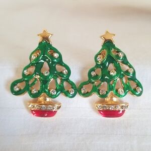 Gold Christmas Tree Rhinestone Earrings